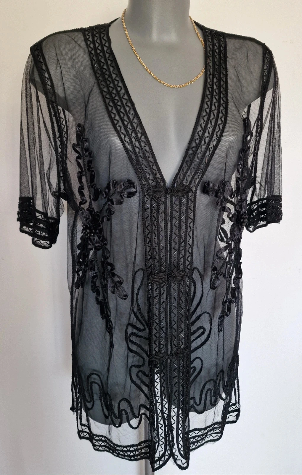 Quimono oriental preto transparente bordado com miçangas estilo boêmio chique – photo 7